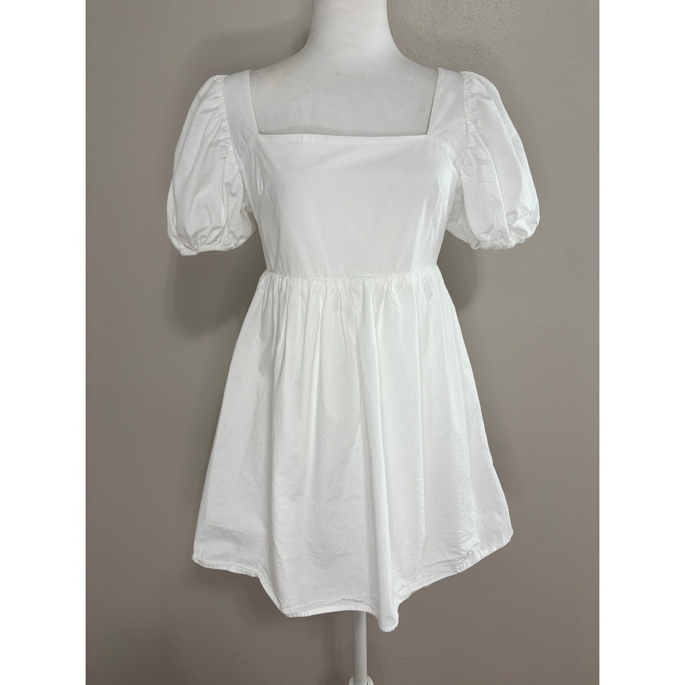 Forever 21 Dress White Puff Sleeve Tie Back Babydoll Mini Dress Cottagecore S